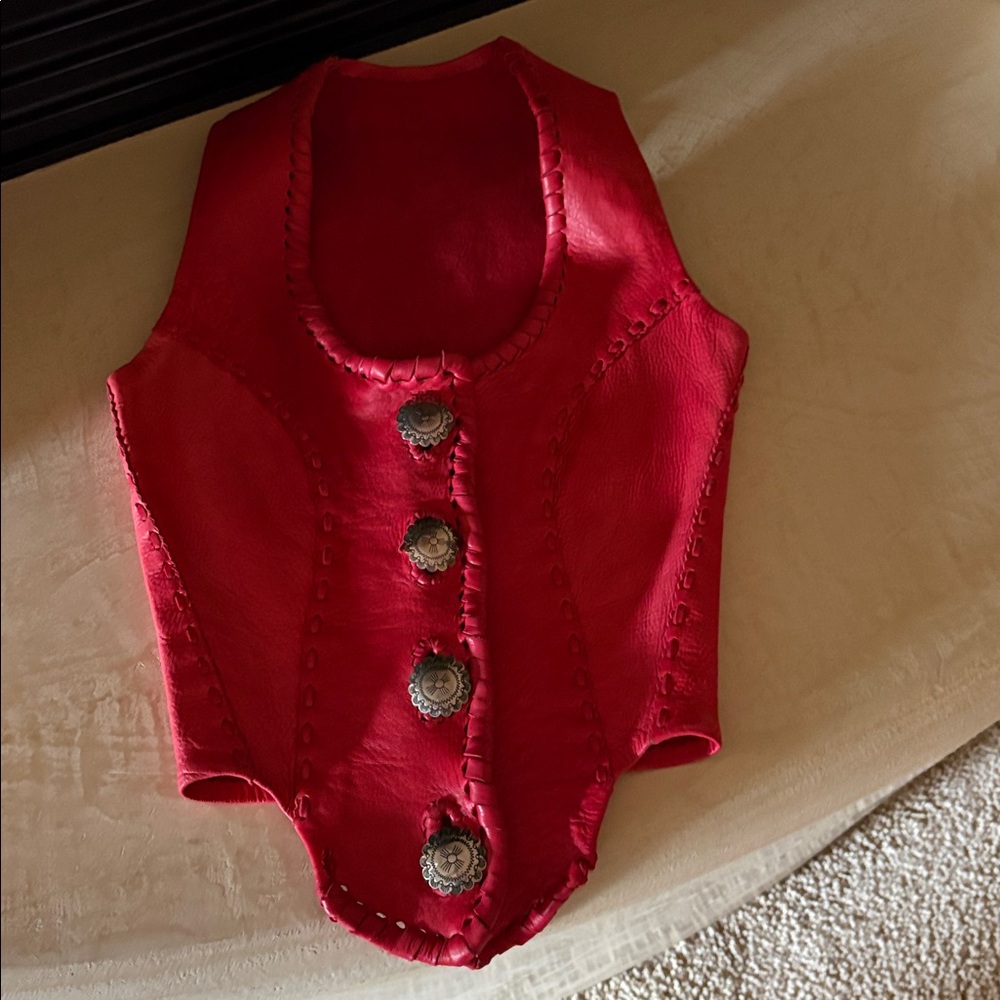 Western Red Leather Vest with Silver Concho Buttons